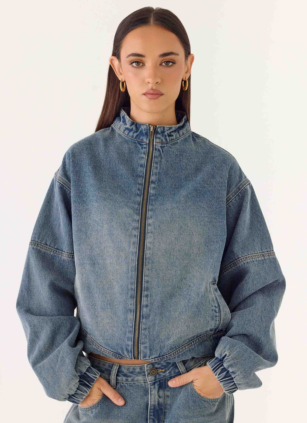 Waylon Denim Bomber Jacket - Mid Wash Blue