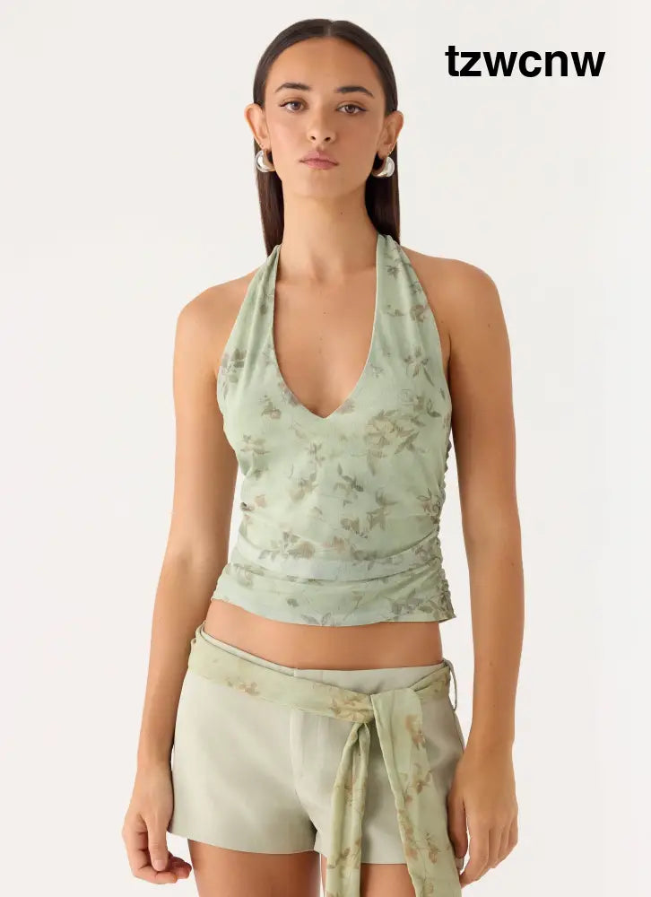 Talk Too Much Halter Top - Wispy Fern