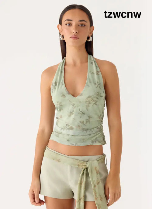 Talk Too Much Halter Top - Wispy Fern