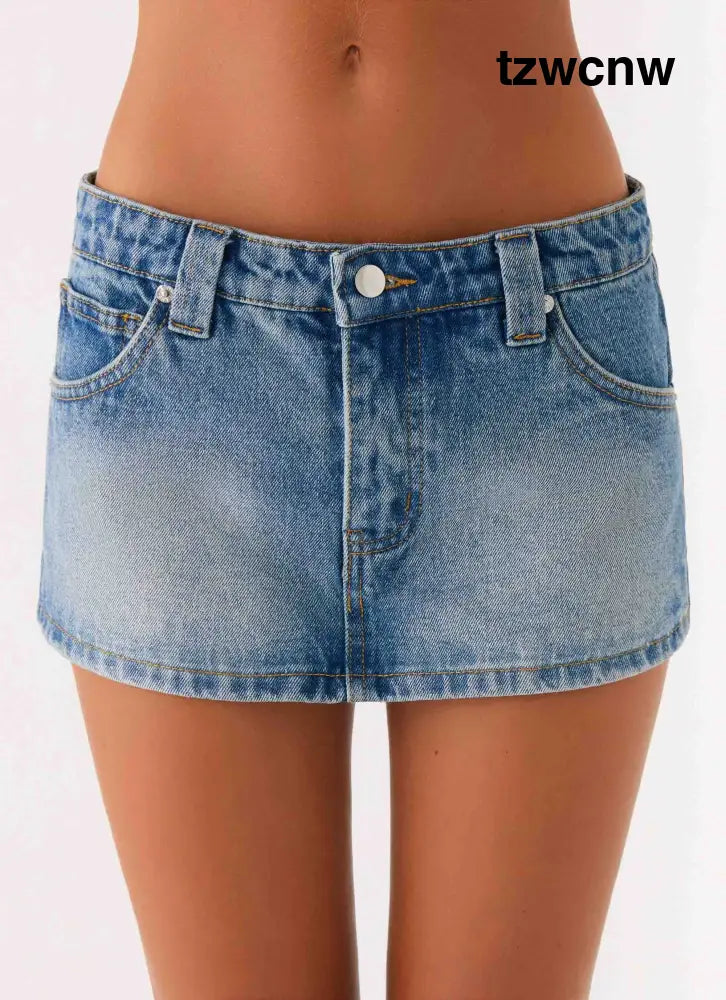 Tropics Low Rise Denim Mini Skort - Mid Wash Blue